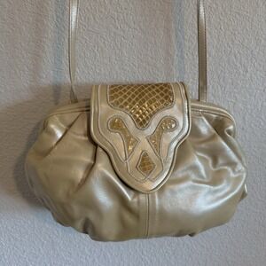 Sharif Champagne Gold Leather Handbag 11x7x4 Inches